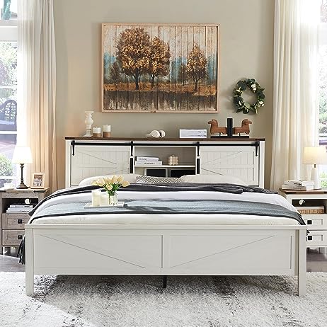 Farmhouse Wooden Full Size Queen Bed Frame with Storage Drawers with Sliding Barn Door Charging Station
