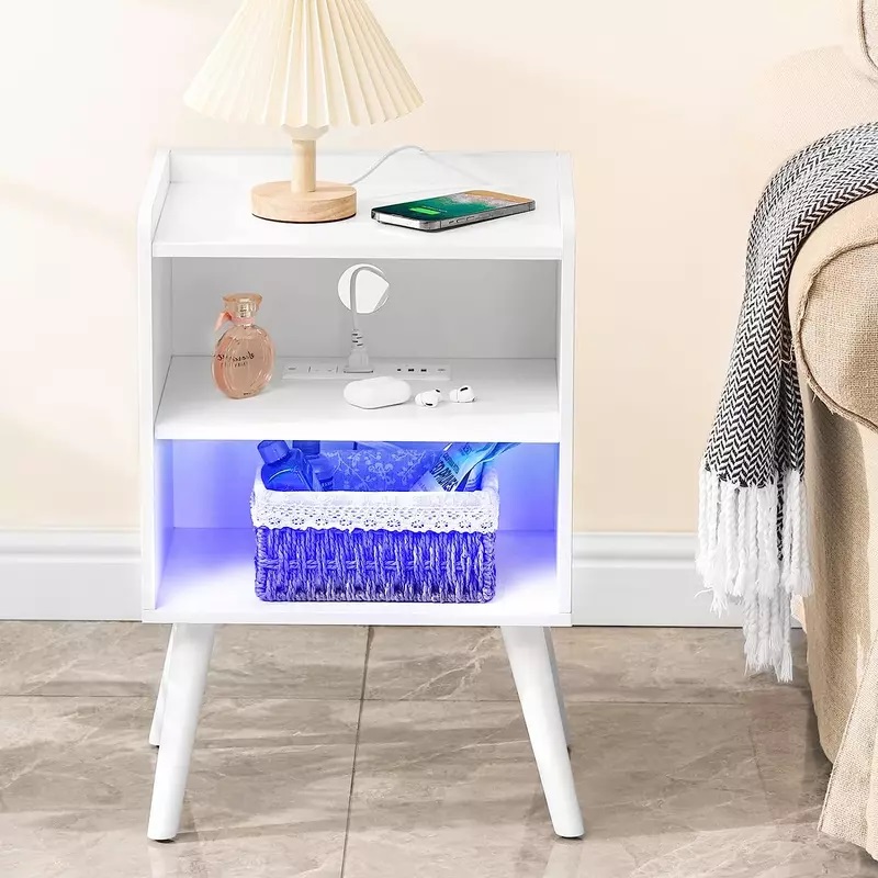 Modern Nightstand White End Table - Mid-Century Side Table with Charging Station, LED Light Strip, and Shelfs for Bedroom, Living Room Sofa