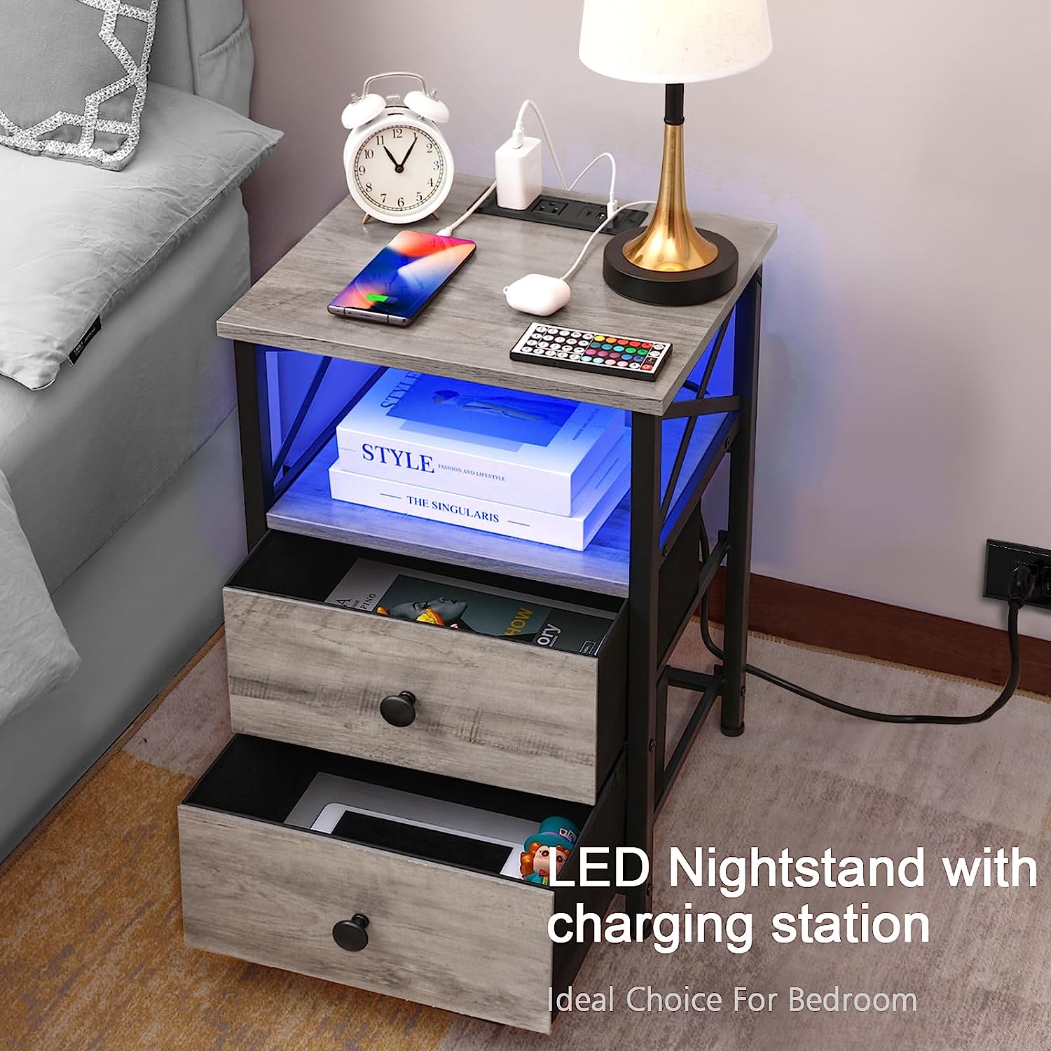 Bedside Table LED Lights Nightstands Bedroom Furniture Set Living Room End Table with USB Outlet