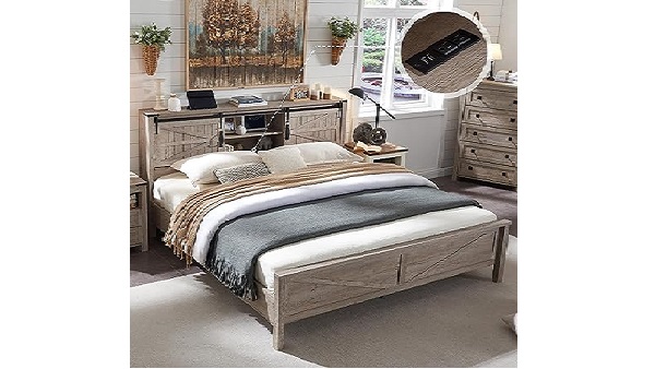 Farmhouse Wooden Full Size Queen Bed Frame with Storage Drawers with Sliding Barn Door Charging Station