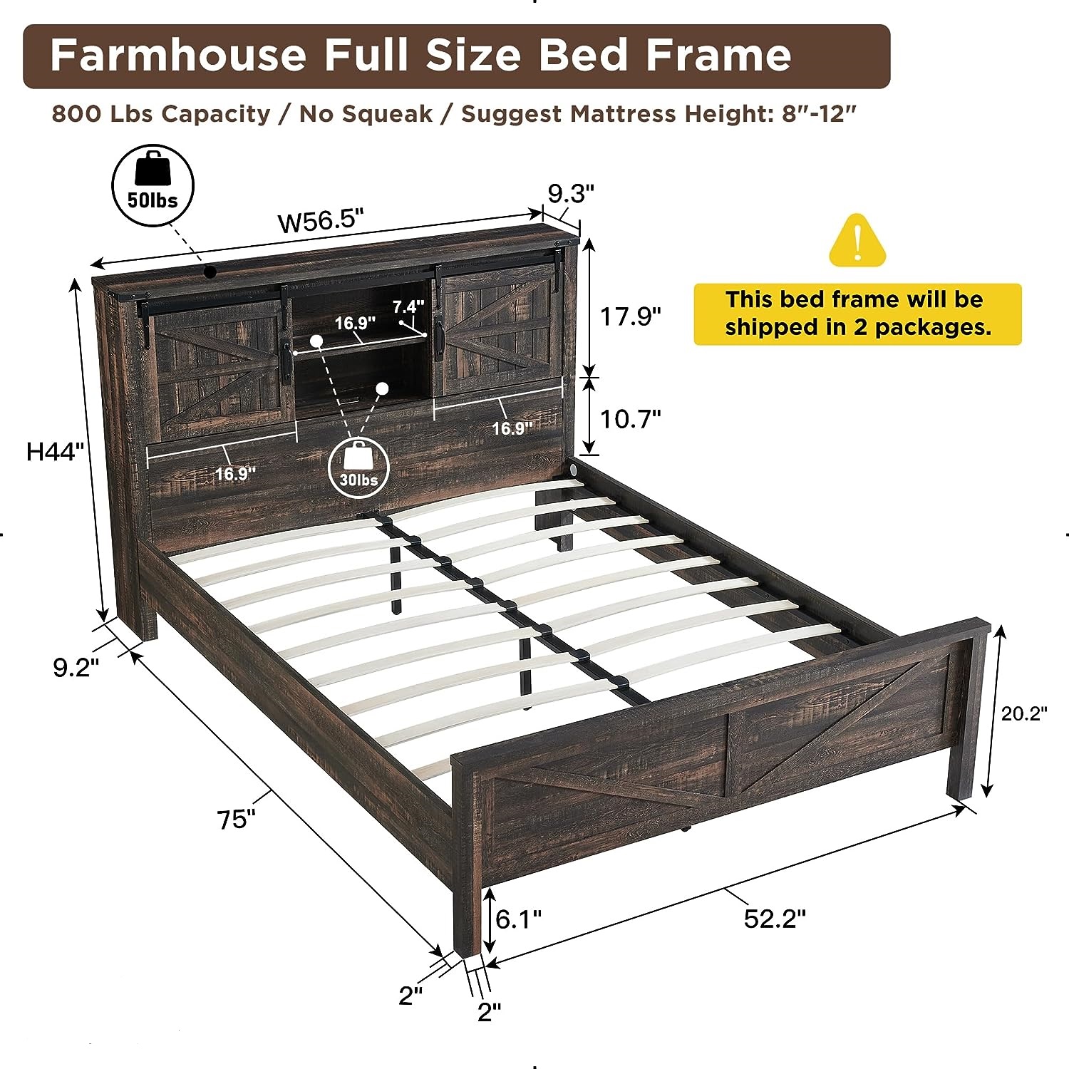 Farmhouse Wooden Full Size Queen Bed Frame with Storage Drawers with Sliding Barn Door Charging Station
