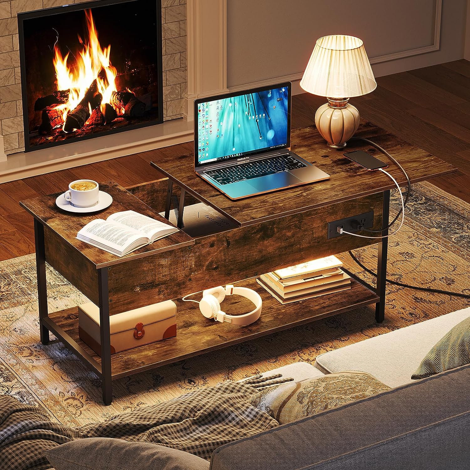 Wholesale Farmhouse Wood Center Table Lift Top Smart Coffee Table with Charging Station for Living Room Office