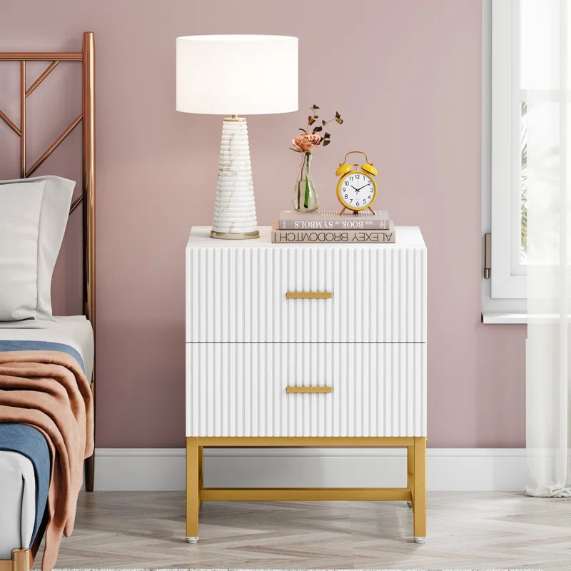 Ikegao Living Room Furniture Wood Drawer Storage Bedside Table Bed Side Nightstand Luxury Iron Nightstand with 2-Drawer
