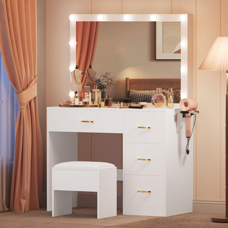 Wood Furniture White Makeup Vanity Table with Lights And 5 Drawers for Bedroom