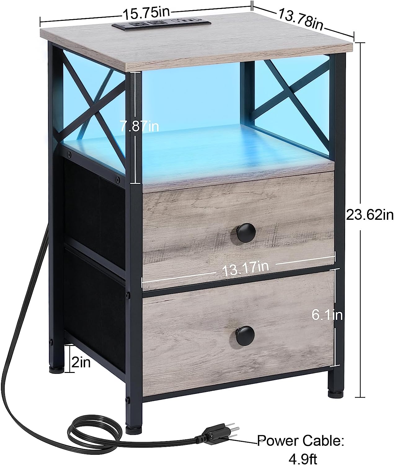 Bedside Table LED Lights Nightstands Bedroom Furniture Set Living Room End Table with USB Outlet