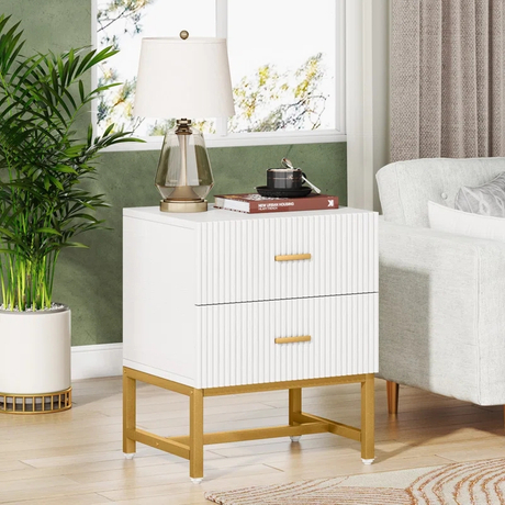 Ikegao Living Room Furniture Wood Drawer Storage Bedside Table Bed Side Nightstand Luxury Iron Nightstand with 2-Drawer