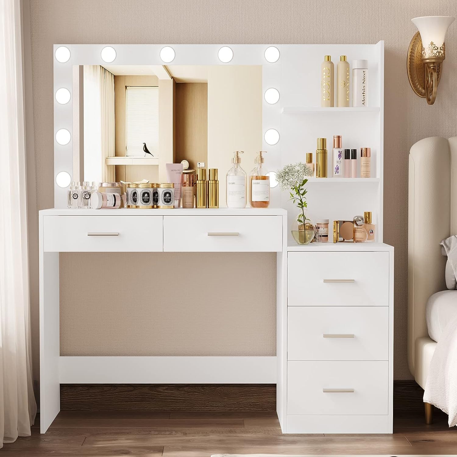 Modern White Vanity Desk Dressing Table Set Makeup Vanity Table with Lights Mirror And Chair