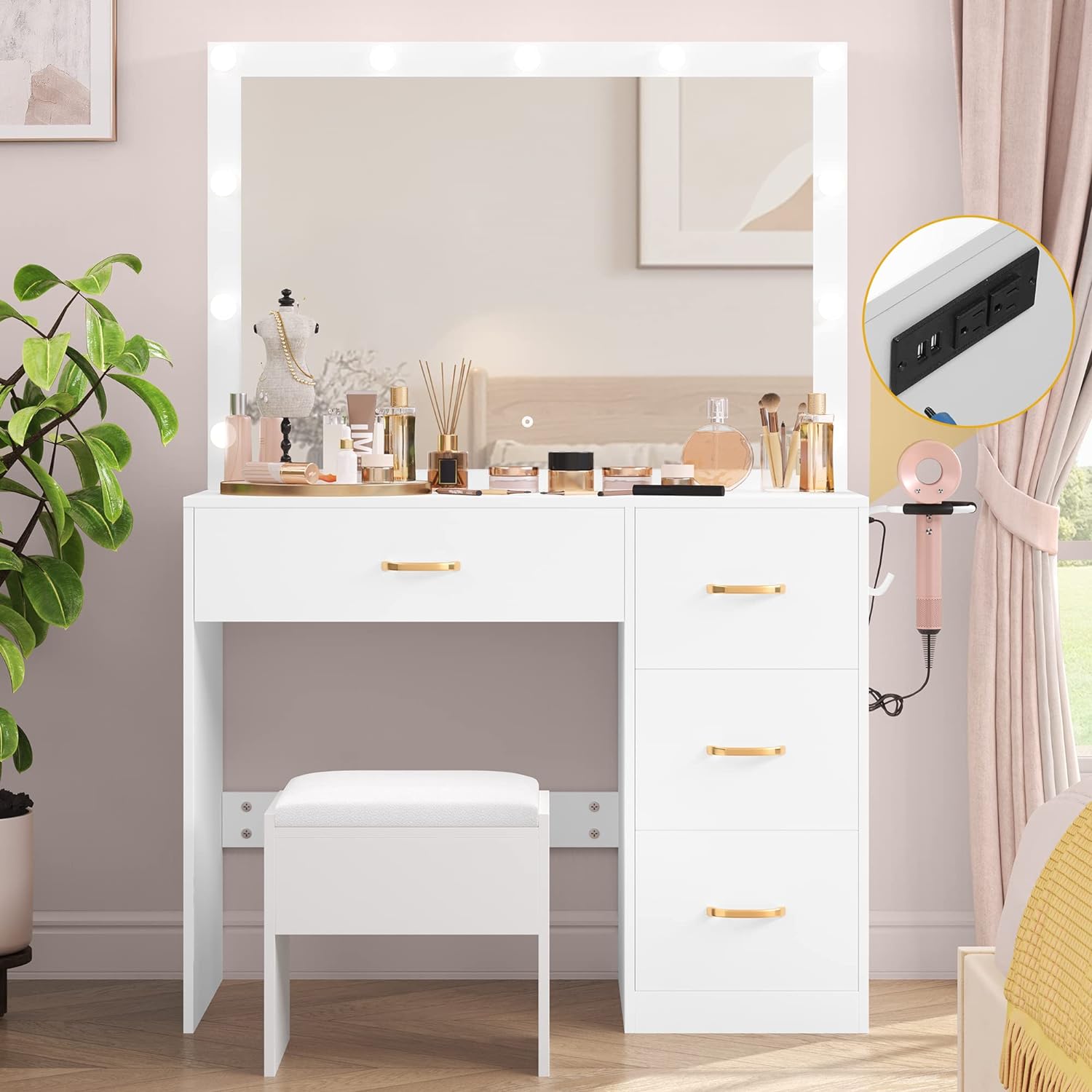 Wood Furniture White Makeup Vanity Table with Lights And 5 Drawers for Bedroom