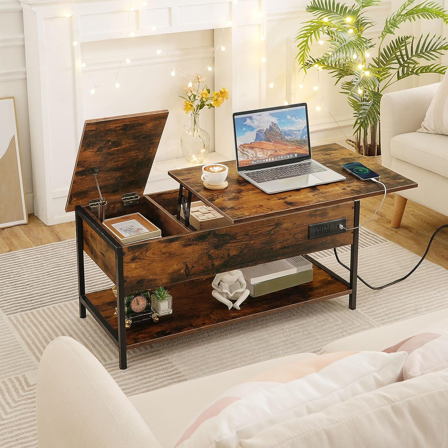 Wholesale Farmhouse Wood Center Table Lift Top Smart Coffee Table with Charging Station for Living Room Office