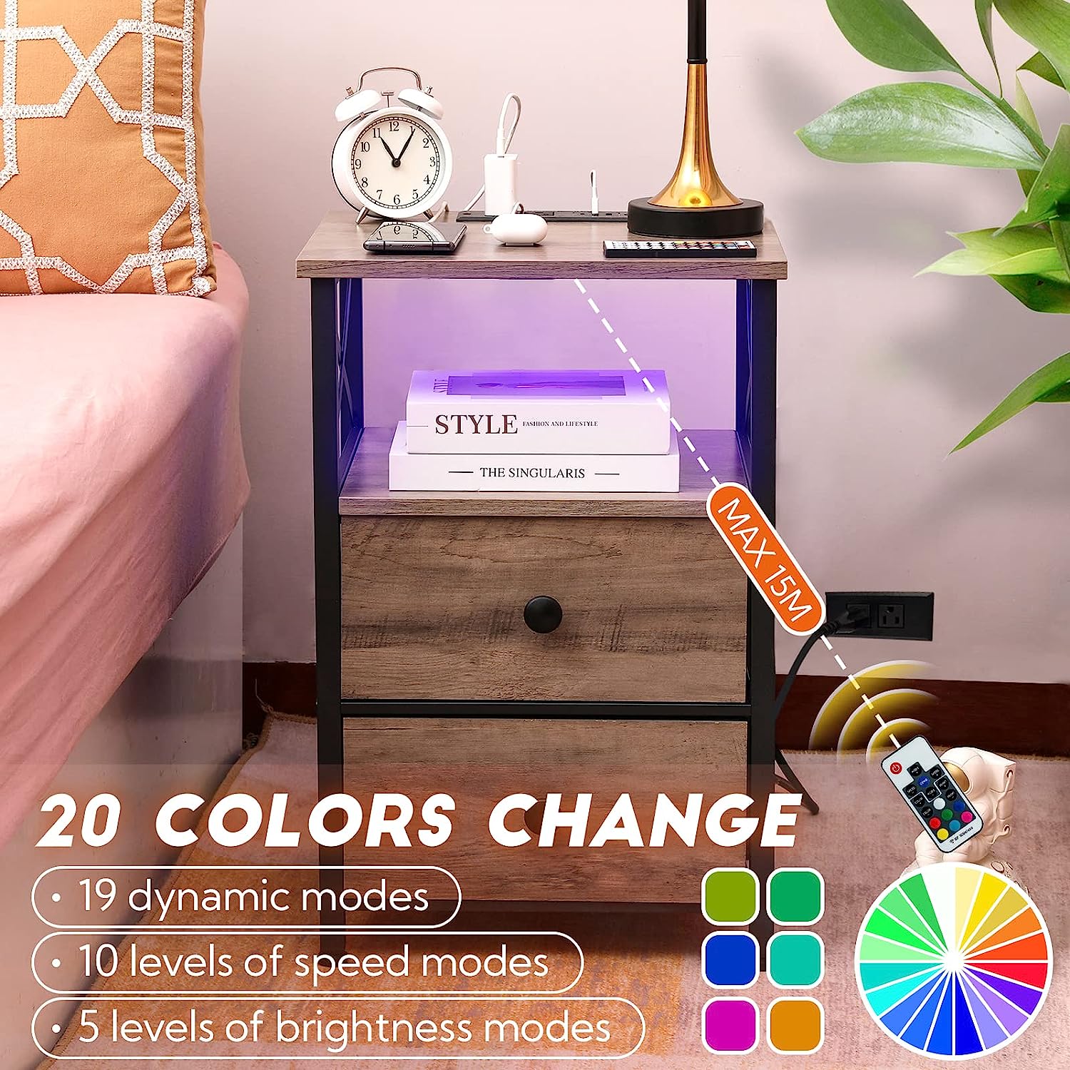 Bedside Table LED Lights Nightstands Bedroom Furniture Set Living Room End Table with USB Outlet
