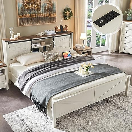Farmhouse Wooden Full Size Queen Bed Frame with Storage Drawers with Sliding Barn Door Charging Station