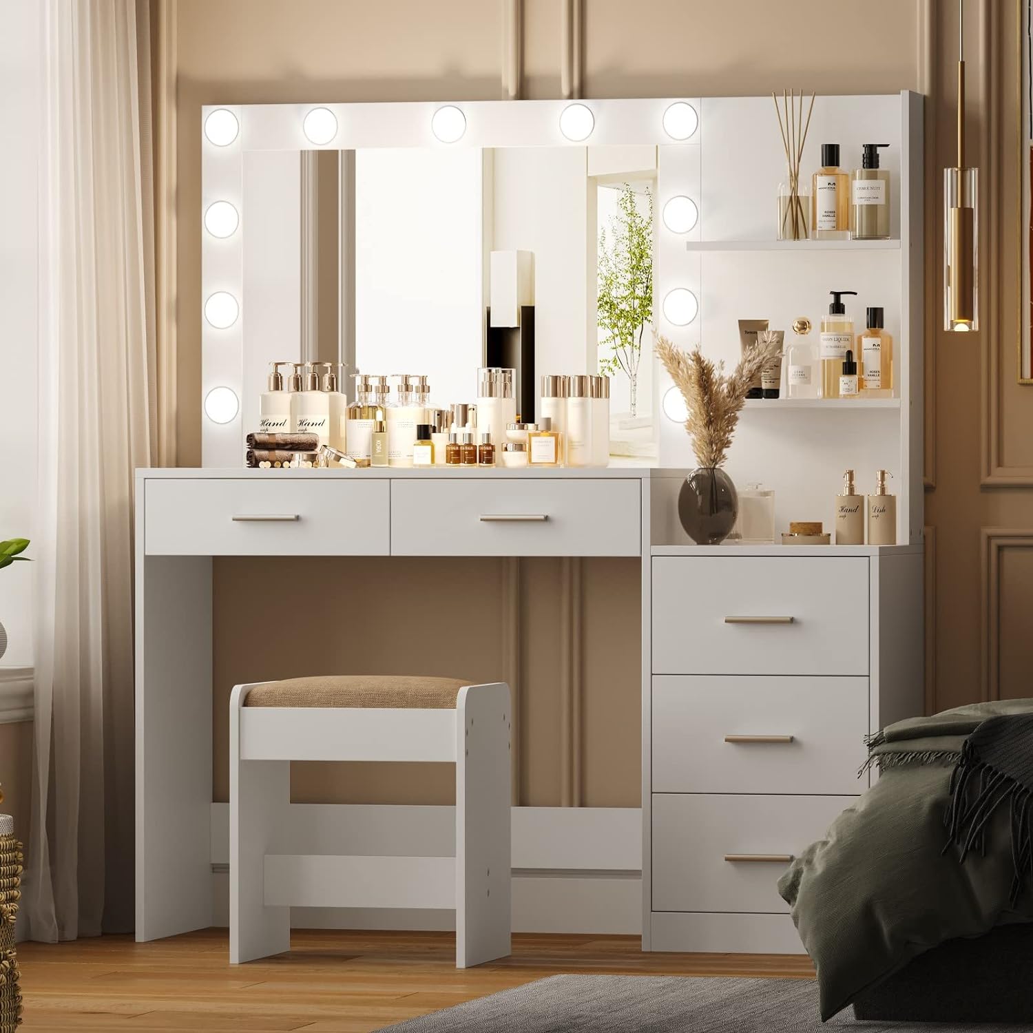 Modern White Vanity Desk Dressing Table Set Makeup Vanity Table with Lights Mirror And Chair