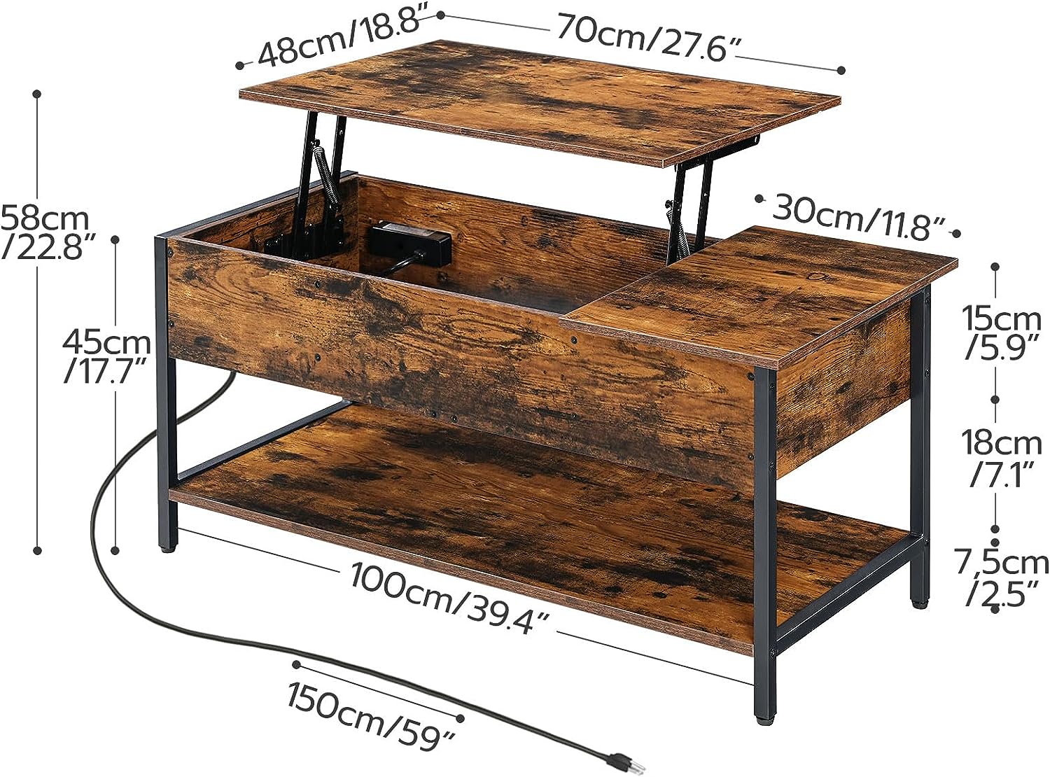 Wholesale Farmhouse Wood Center Table Lift Top Smart Coffee Table with Charging Station for Living Room Office