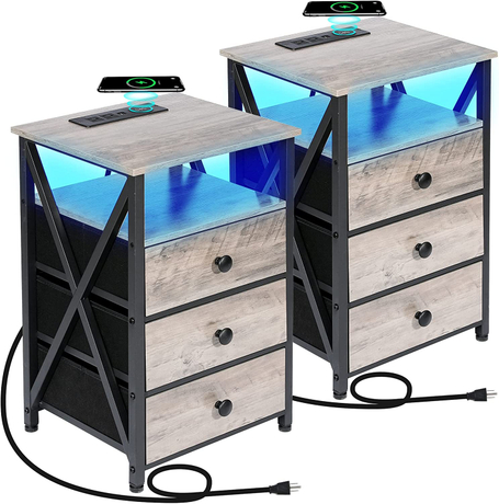 Bedside Table LED Lights Nightstands Bedroom Furniture Set Living Room End Table with USB Outlet