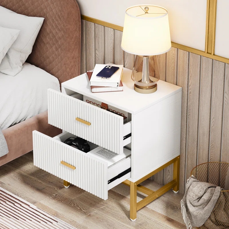 Ikegao Living Room Furniture Wood Drawer Storage Bedside Table Bed Side Nightstand Luxury Iron Nightstand with 2-Drawer