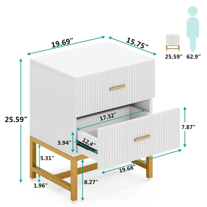 Ikegao Living Room Furniture Wood Drawer Storage Bedside Table Bed Side Nightstand Luxury Iron Nightstand with 2-Drawer