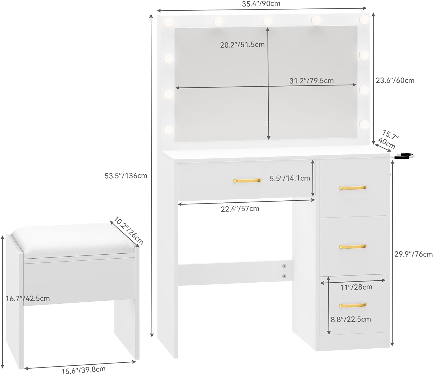 Wood Furniture White Makeup Vanity Table with Lights And 5 Drawers for Bedroom