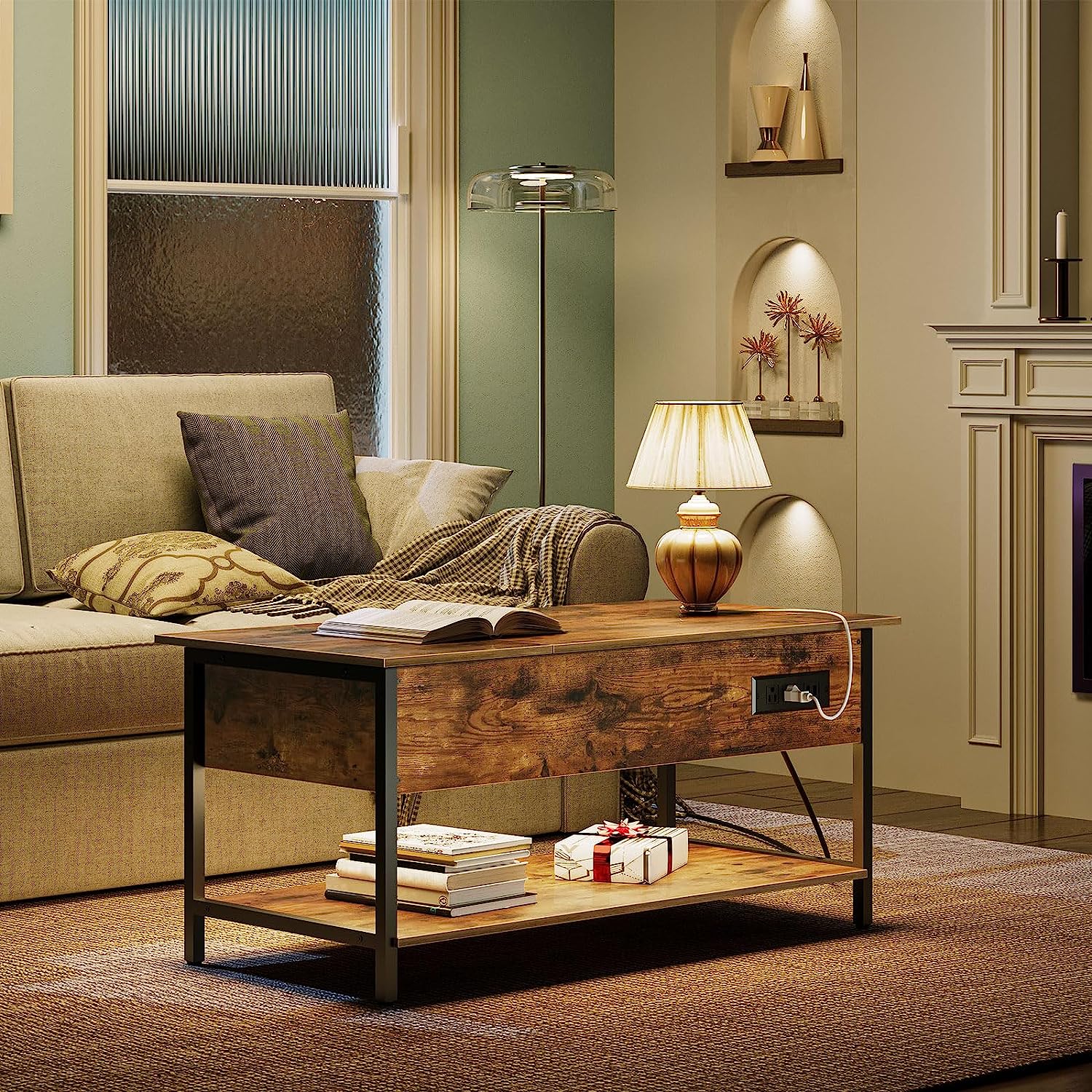 Wholesale Farmhouse Wood Center Table Lift Top Smart Coffee Table with Charging Station for Living Room Office