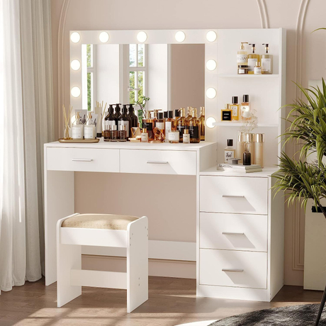 Modern White Vanity Desk Dressing Table Set Makeup Vanity Table with Lights Mirror And Chair