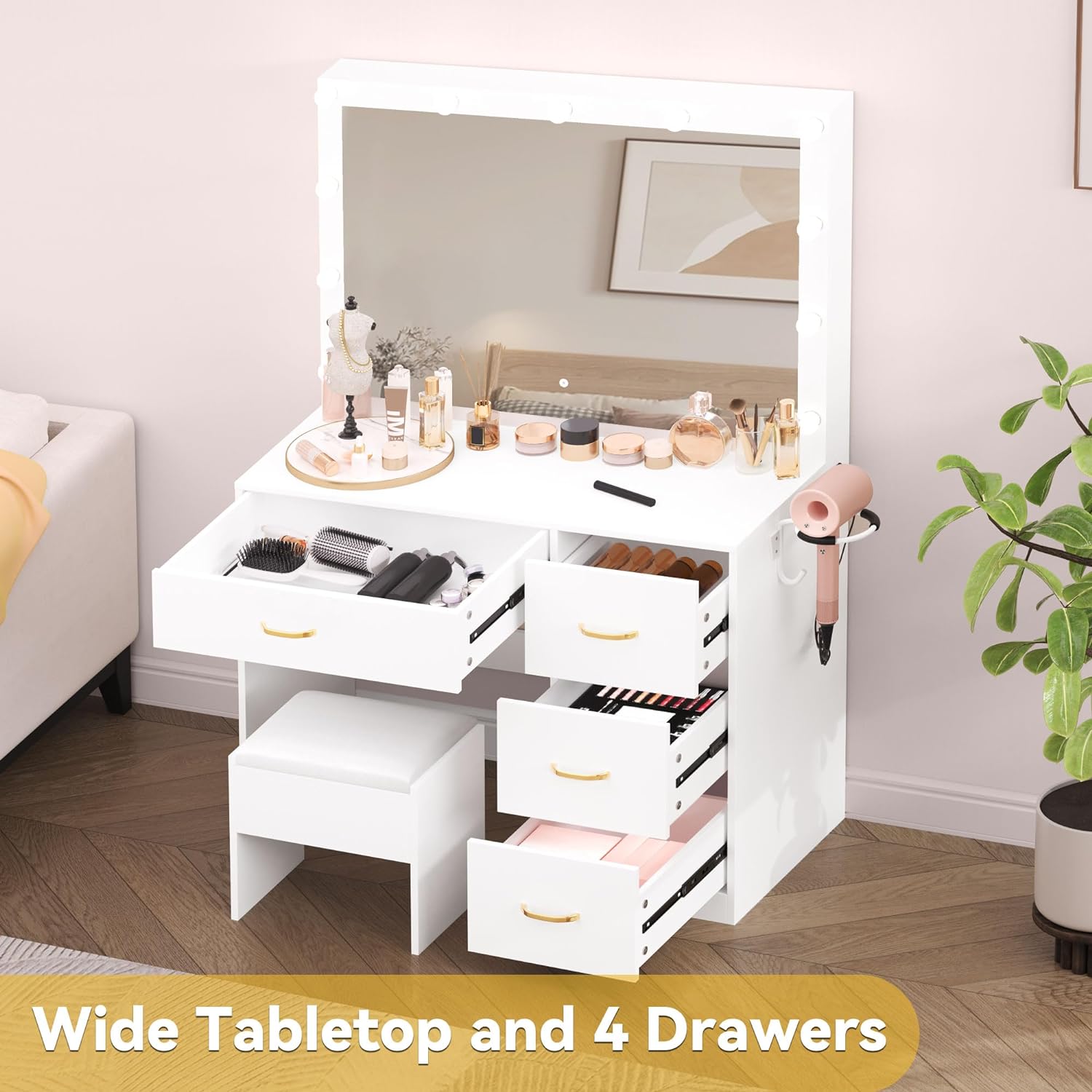 Wood Furniture White Makeup Vanity Table with Lights And 5 Drawers for Bedroom