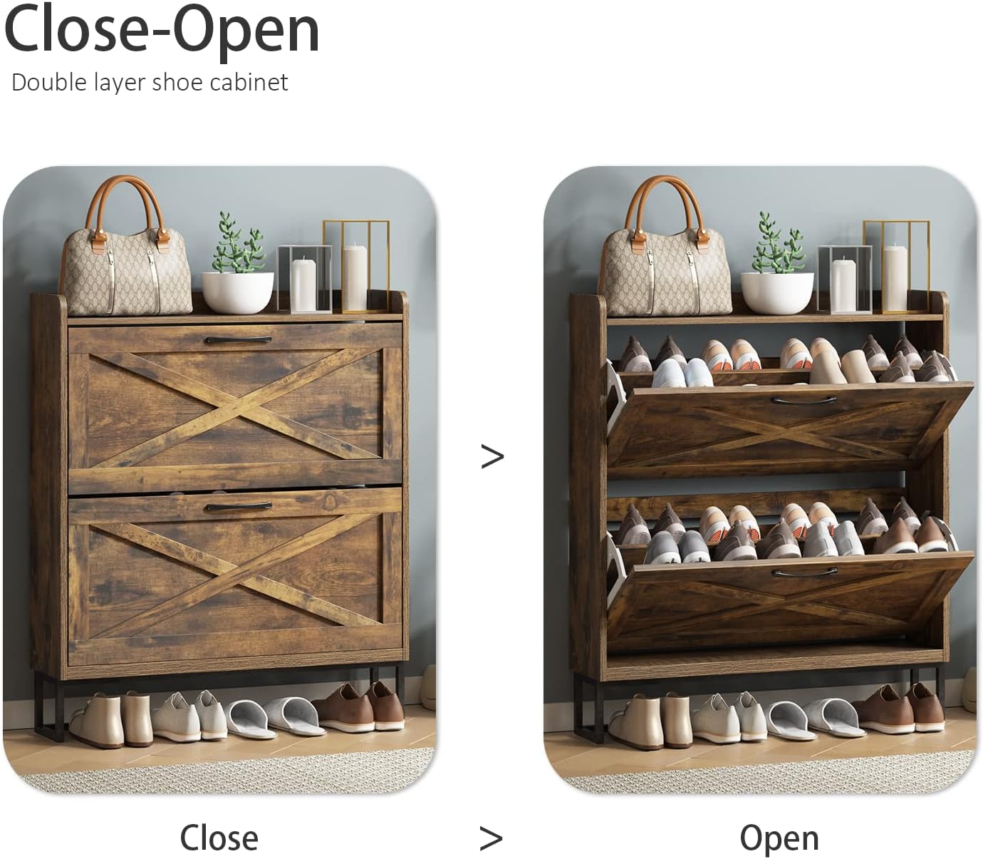 Wood Entryway Hallway Furniture 2 Flip Drawers 2-Tier Shoe Organizer Storage Cabinet