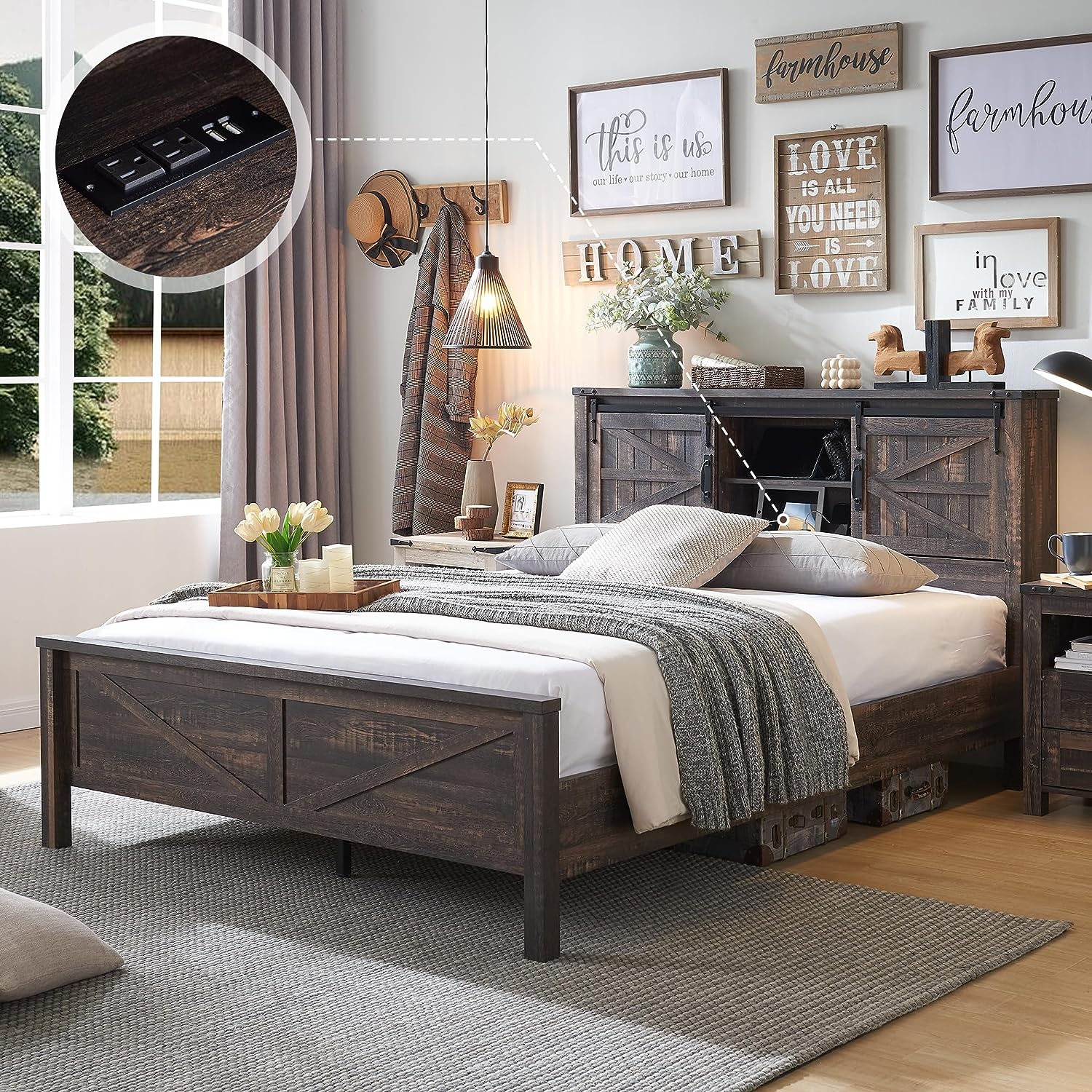 Farmhouse Wooden Full Size Queen Bed Frame with Storage Drawers with Sliding Barn Door Charging Station