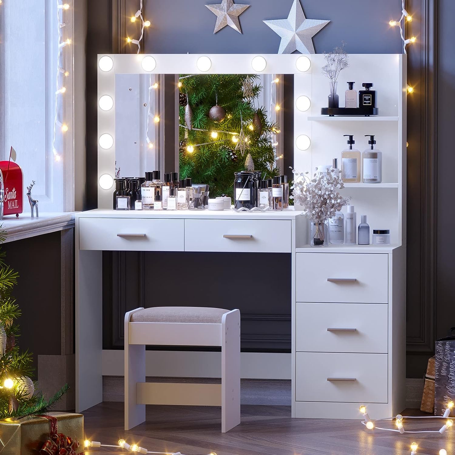 Modern White Vanity Desk Dressing Table Set Makeup Vanity Table with Lights Mirror And Chair
