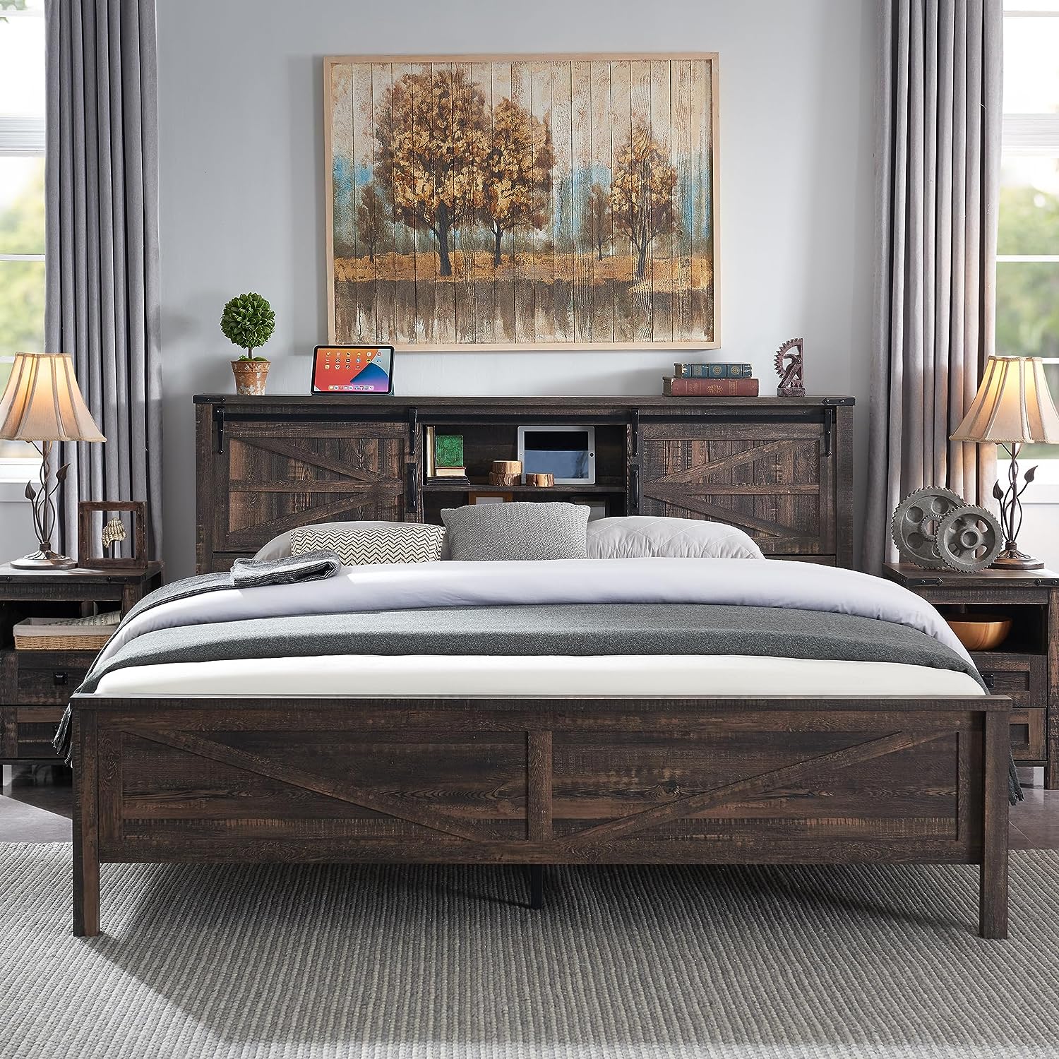 Farmhouse Wooden Full Size Queen Bed Frame with Storage Drawers with Sliding Barn Door Charging Station