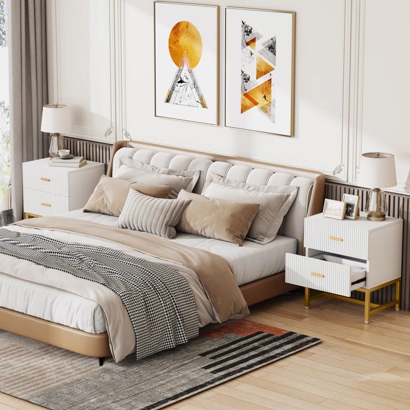 Ikegao Living Room Furniture Wood Drawer Storage Bedside Table Bed Side Nightstand Luxury Iron Nightstand with 2-Drawer