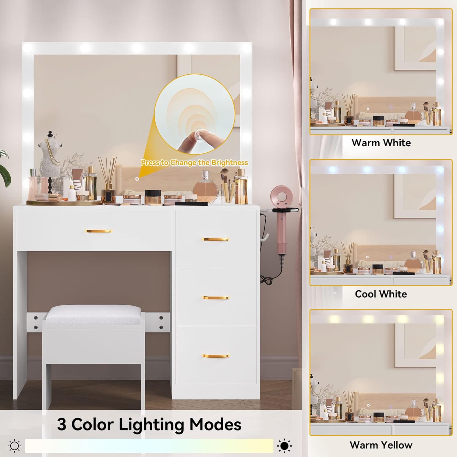 Wood Furniture White Makeup Vanity Table with Lights And 5 Drawers for Bedroom