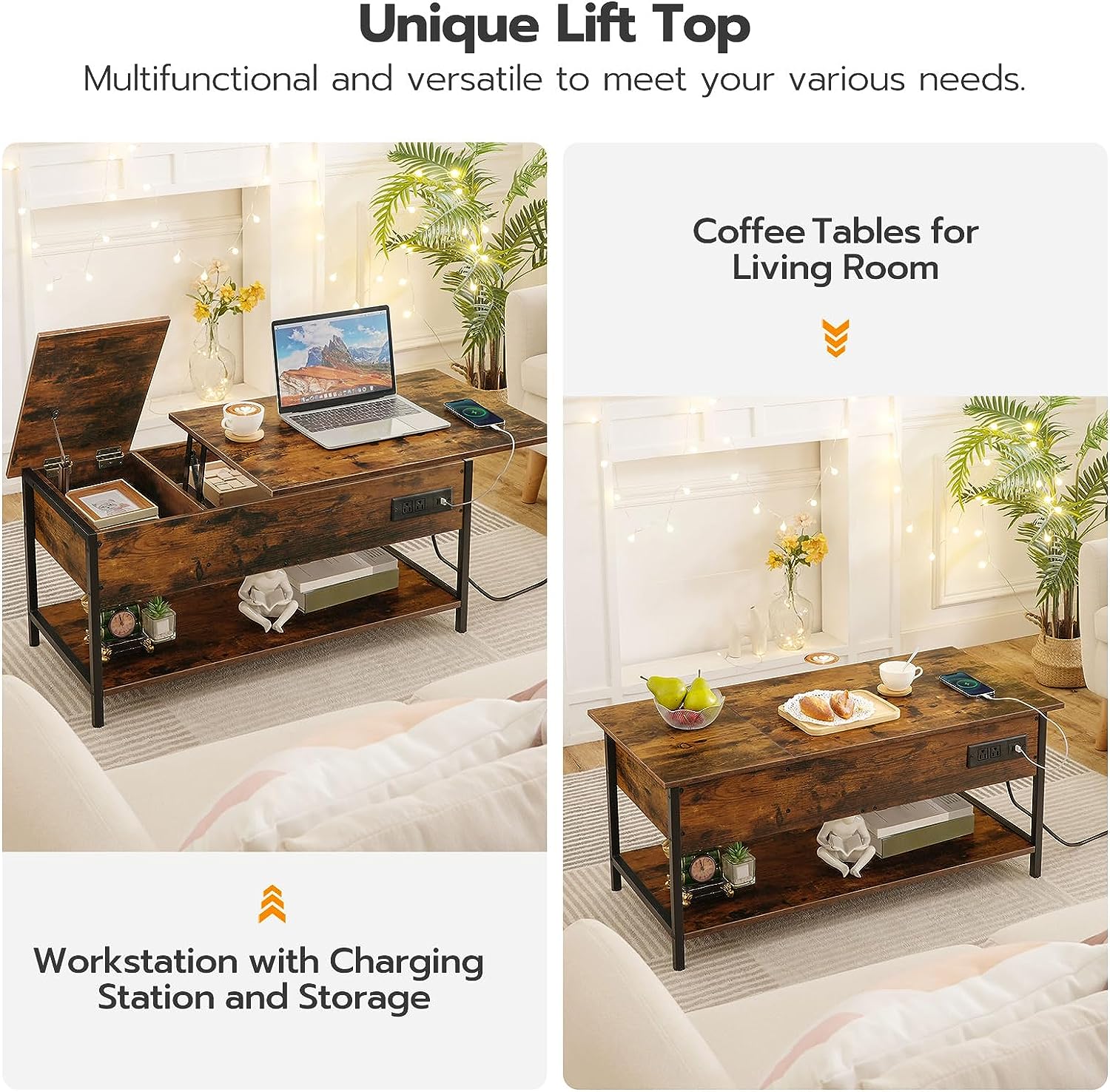 Wholesale Farmhouse Wood Center Table Lift Top Smart Coffee Table with Charging Station for Living Room Office