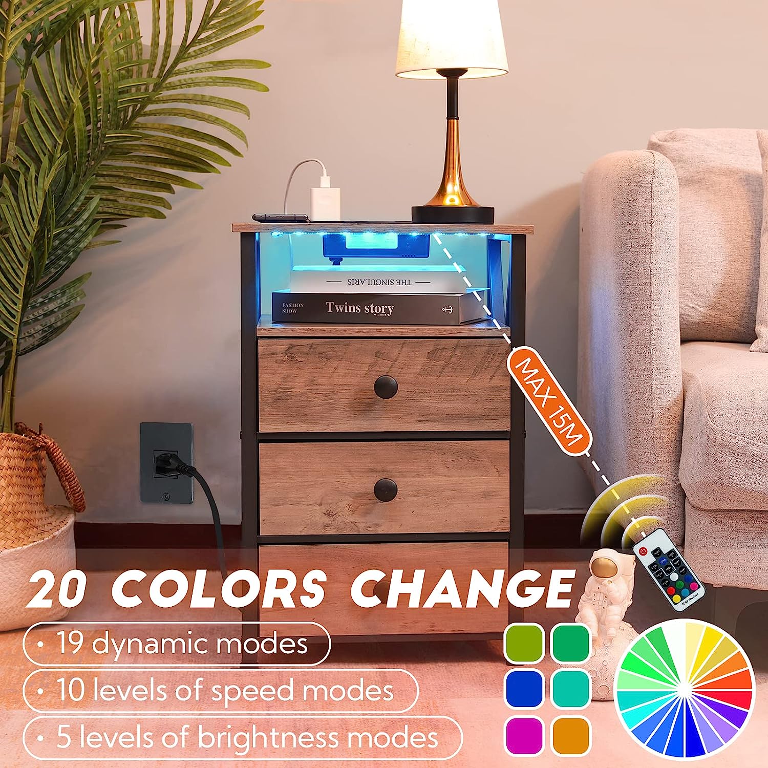 Bedside Table LED Lights Nightstands Bedroom Furniture Set Living Room End Table with USB Outlet