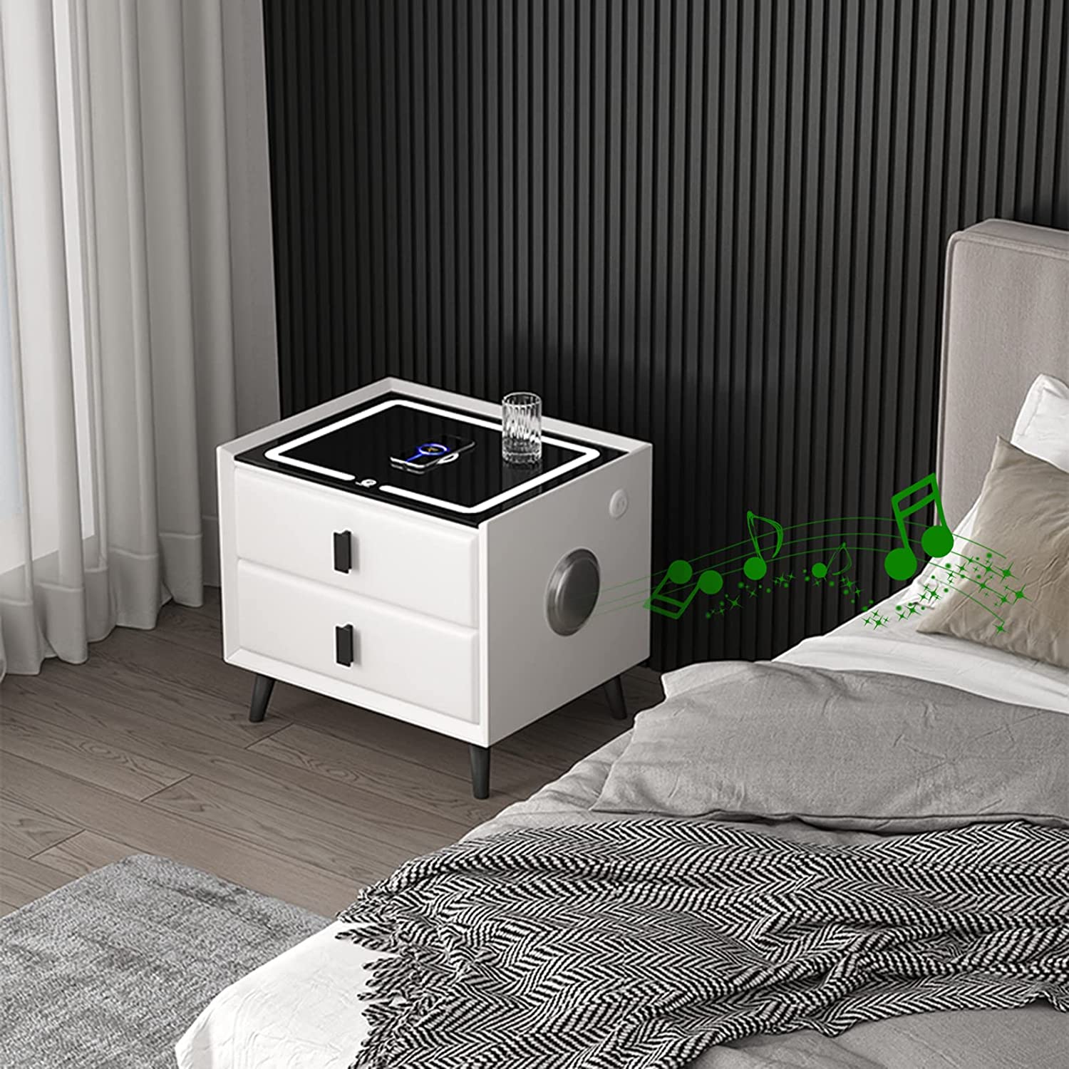 Multifunction Wireless Charging Station USB Port And Speaker Modern Wooden End Side Smart Nightstand