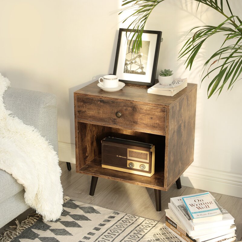 Wood Side Table Modern Nightstand with Metal Legs