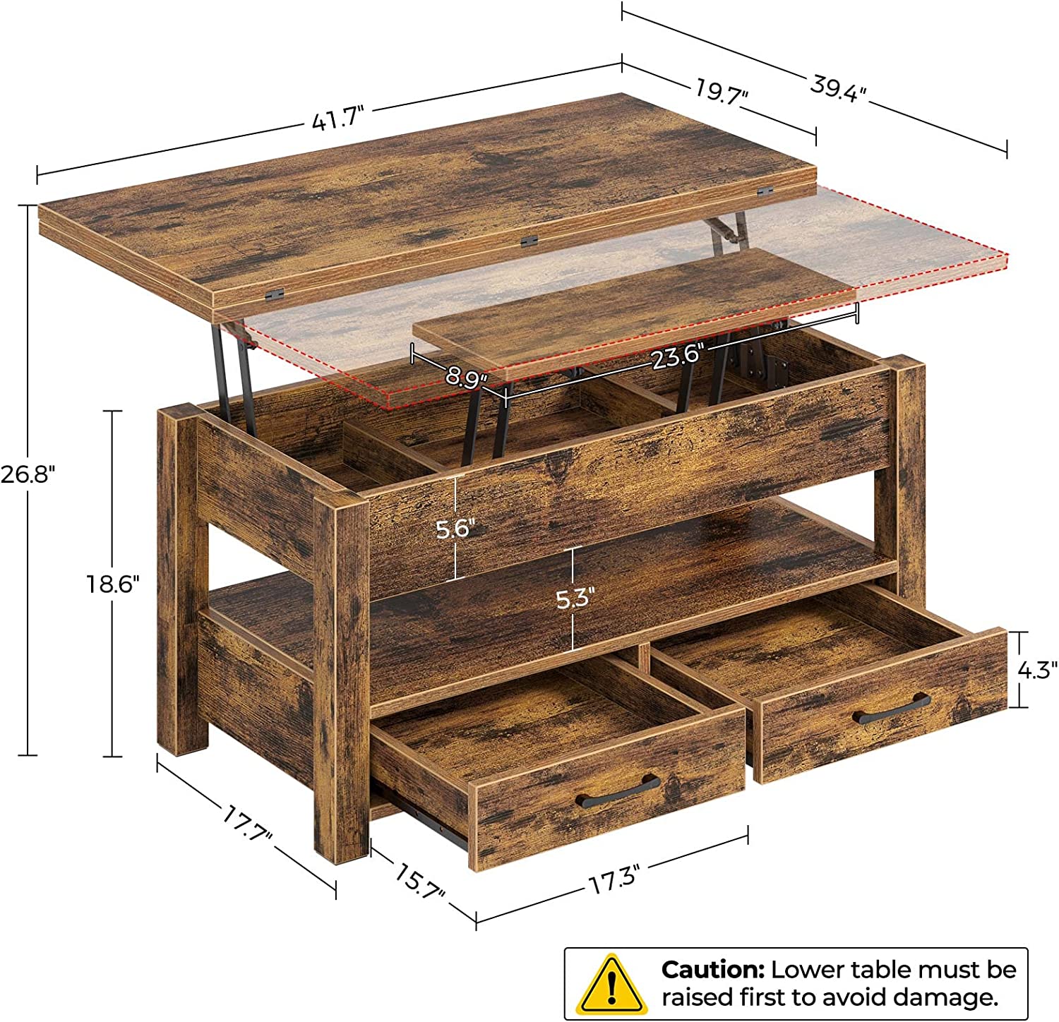 Multi-Function Convertible Coffee Table with Drawers And Hidden Compartment Dining Table