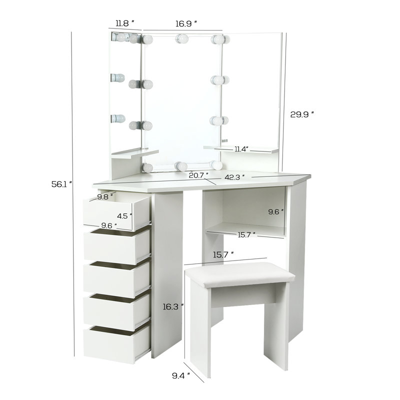 Home Furniture Wooden Modern White Vanity Desk Dressing Table Set with Lighted Mirror