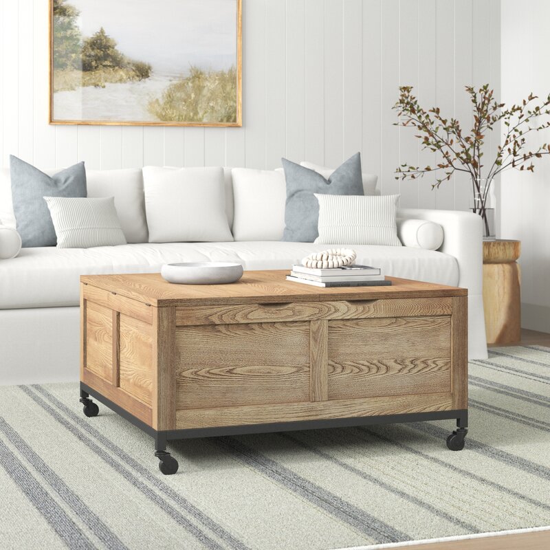 Living Room Furniture Rustic Style Wood Lift Top Coffee Table with Wheels