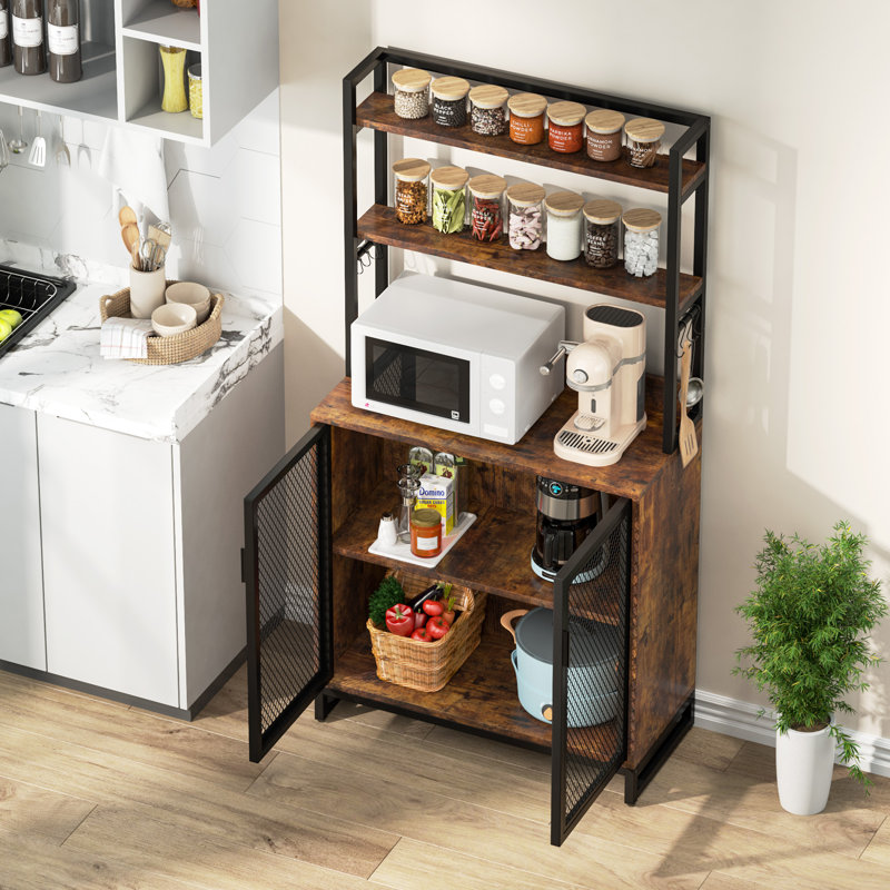 Bakers Rack with Coffee Bar with Wire Basket, Kitchen Storage Rack with 5 Tiers Microwave Stand