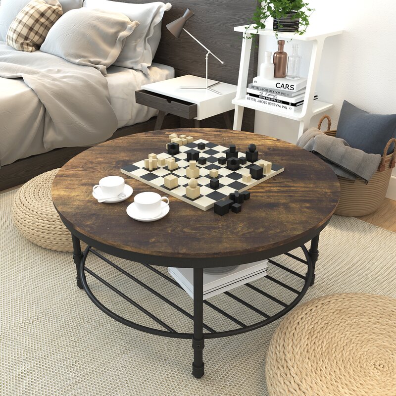 Modern Wood Top Round Coffee Table with Storage Shelf