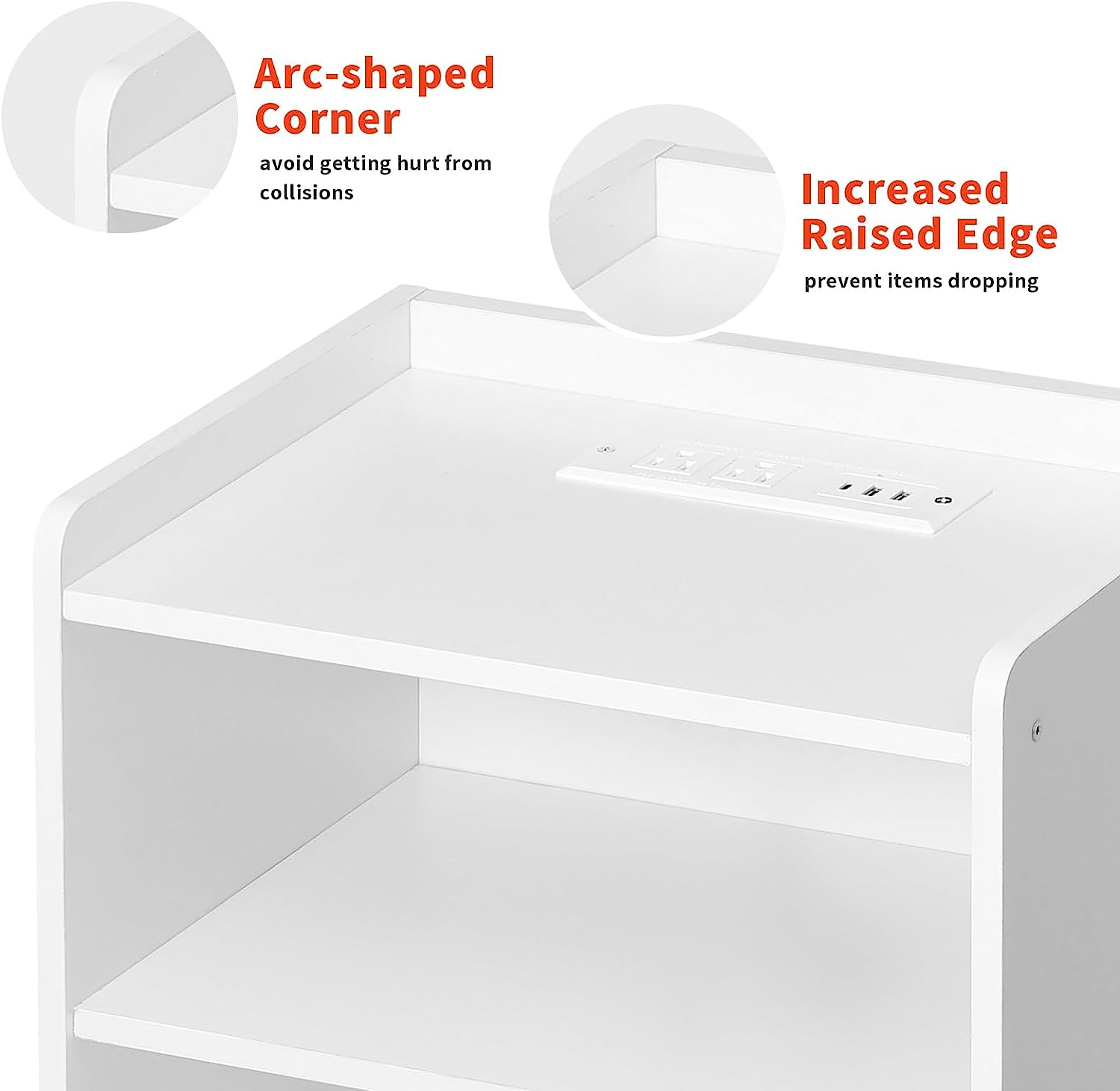 Modern Nightstand White End Table MID Century Side Table with Charging Station LED Light Strip And Shelfs for Bedroom Living Room Sofa