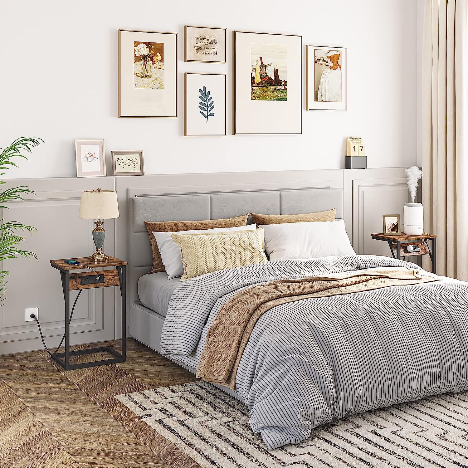 C-Shaped End Tables with Charging Station Side Table for Sofa Industrial Couch Table with Metal Frame for Study Living Room