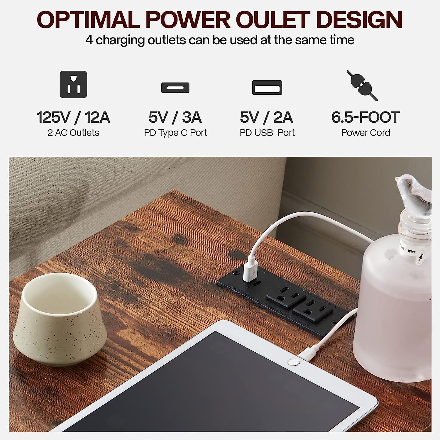 Bedside Tables with Storage Shelf & Drawer End Table with 2 USB Ports And 2 Outlets Nightstand for Bedroom Living