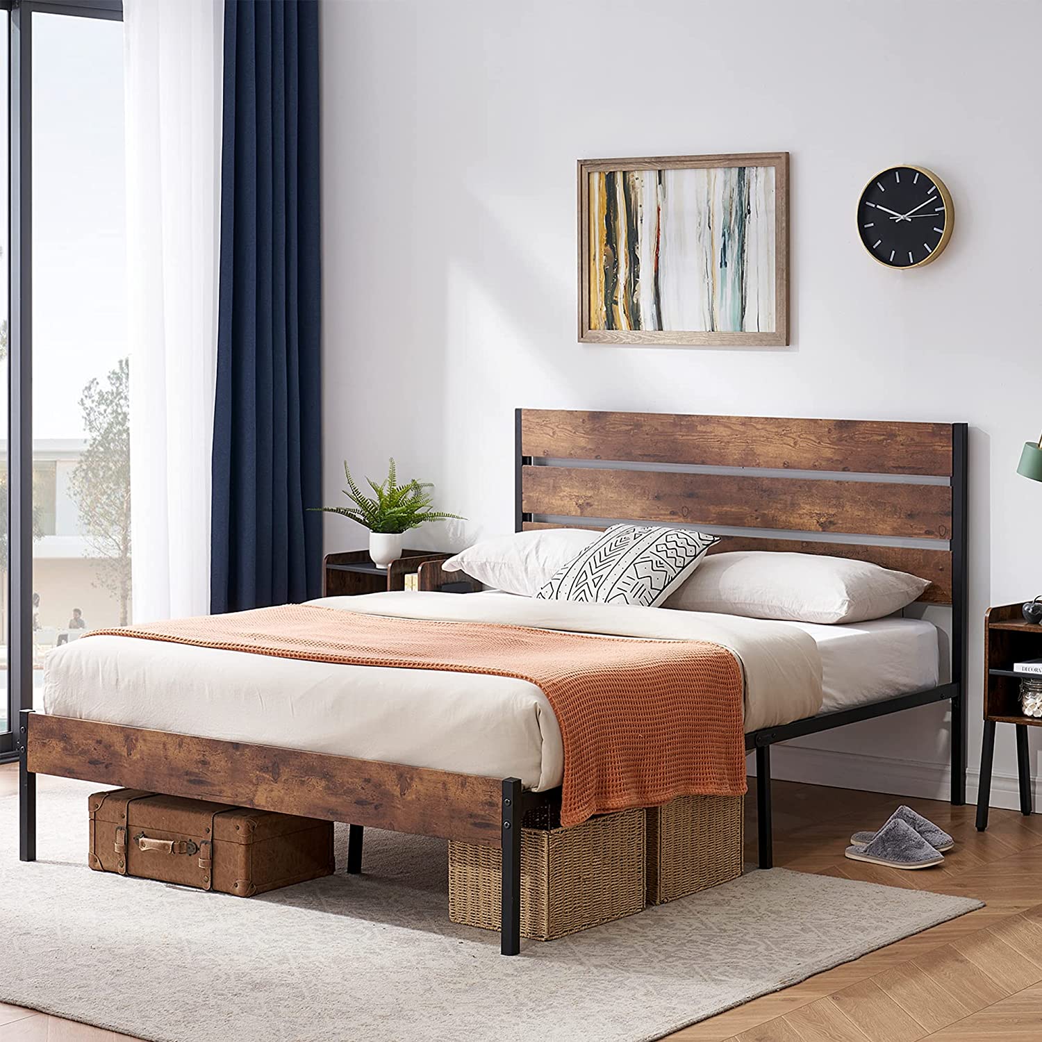 Rustic Vintage Customized Platform Queen Bed Frame with Wood Headboard