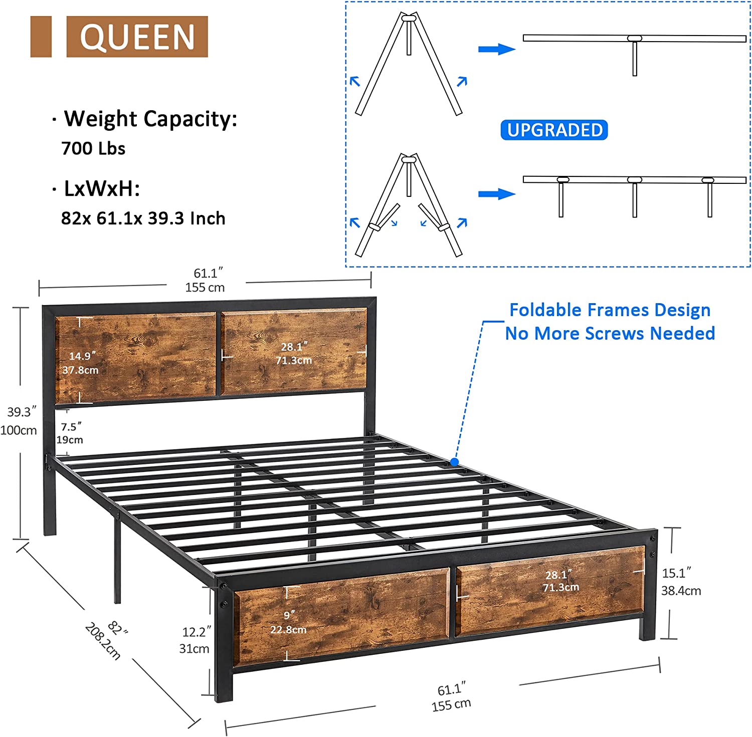Customized Platform Queen Bed Frame Bed Frame Luxury King Size Bed Frame with Wooden Headboard