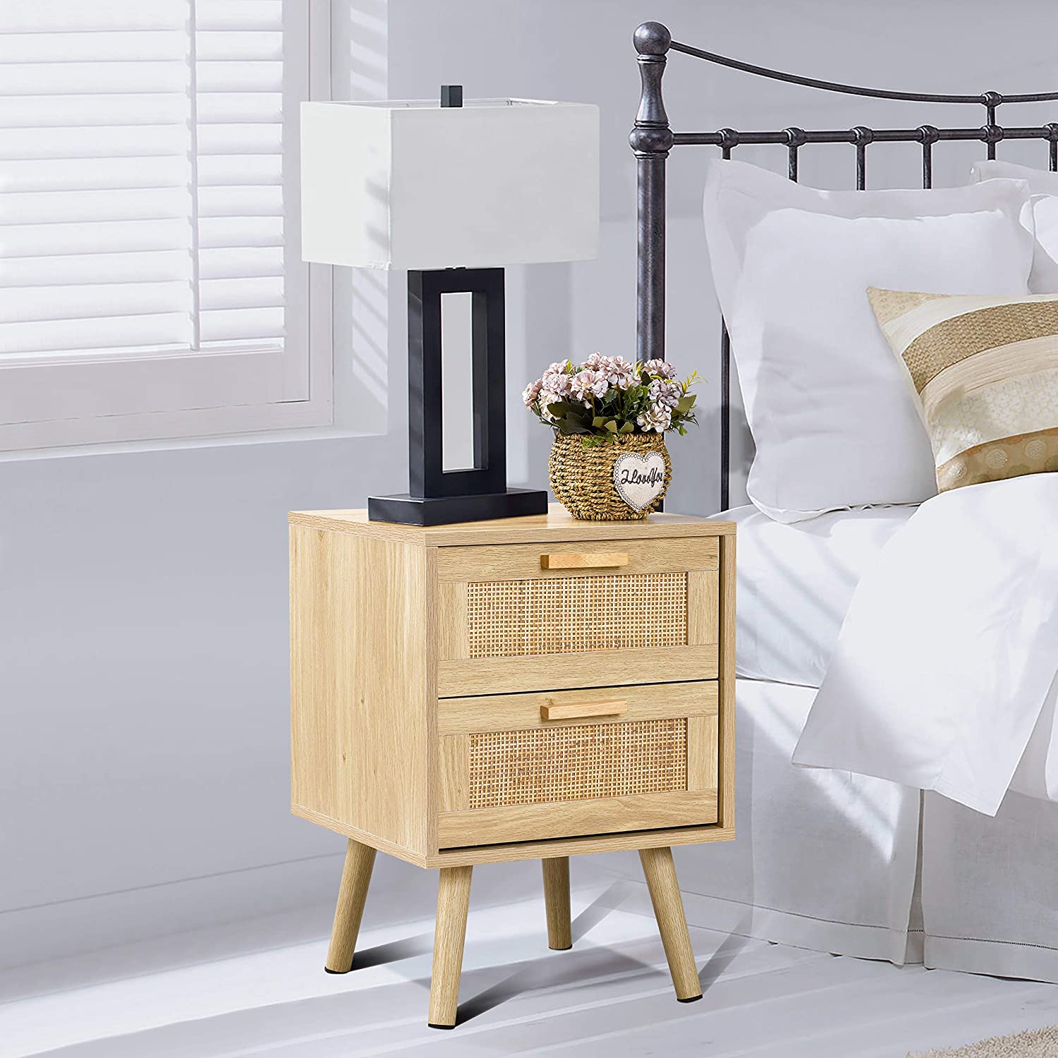 Custom Size Wood Side Table Modern Rattan Nightstand for Bedroom