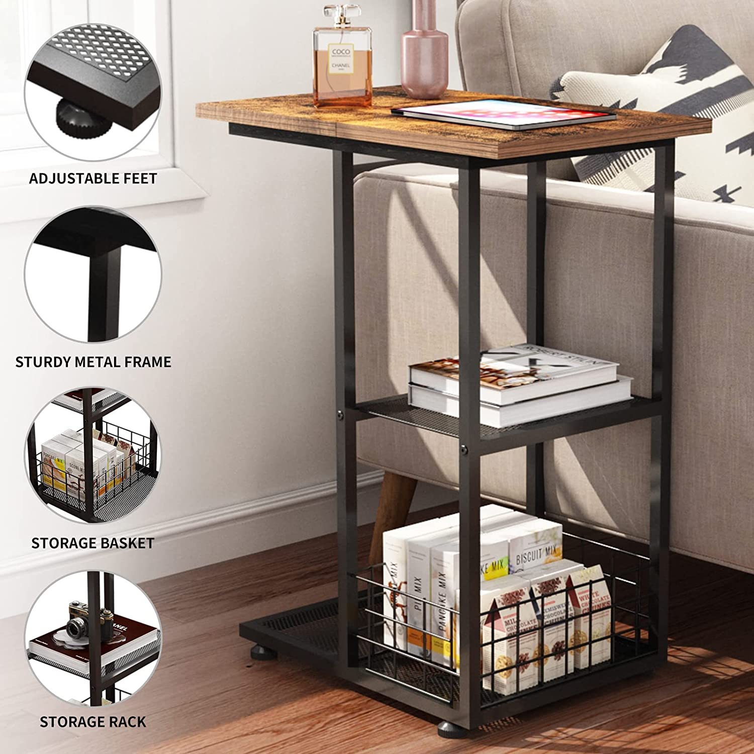 C Shaped End Table Side Table for Couch And Bed