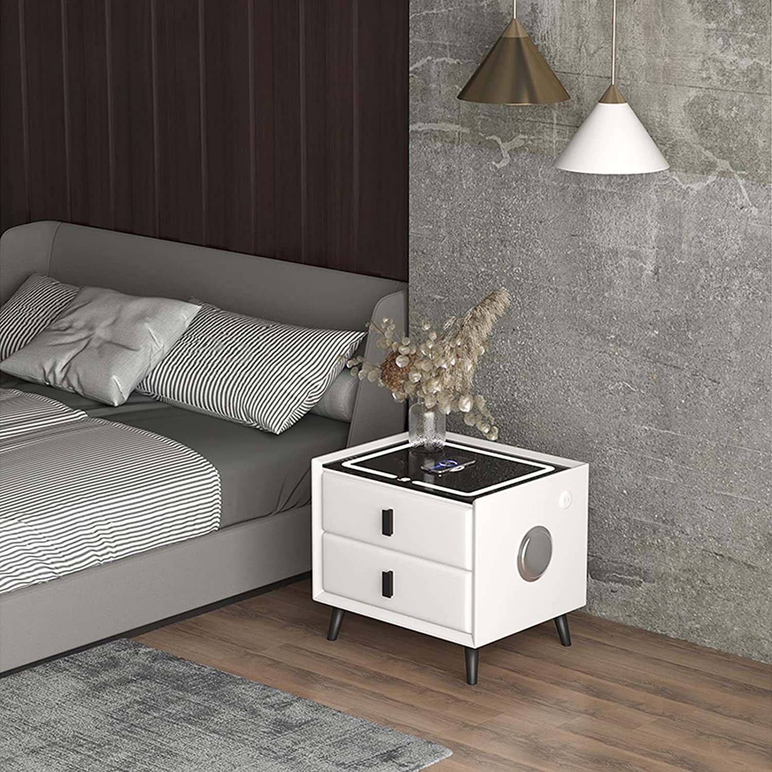 Multifunction Wireless Charging Station USB Port And Speaker Modern Wooden End Side Smart Nightstand