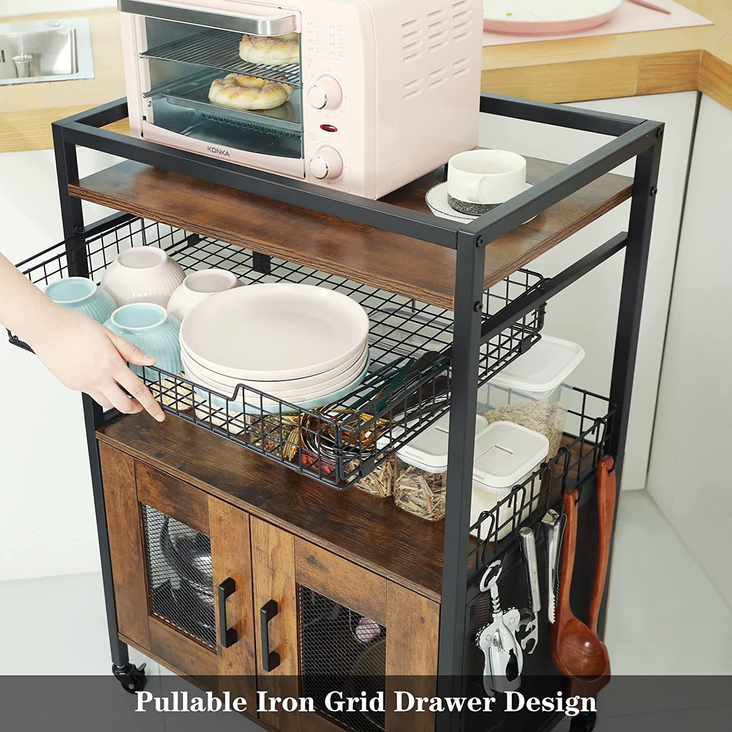 Kitchen Island Microwave Cart Stand Kitchen Trolley with Storage Cabinet Drawer Bar Cart Rolling Coffee Cart Home Bakers