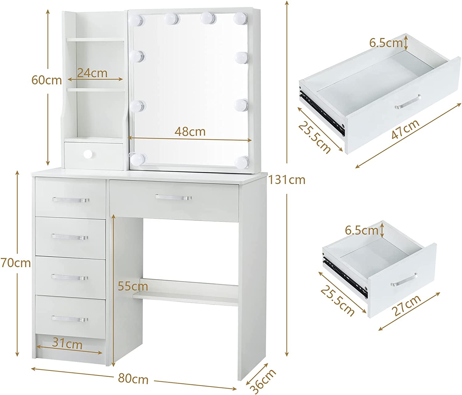 Dressing Table Vanity Desk with 10 LED Lighted Mirror for Bedroom Makeup Vanities