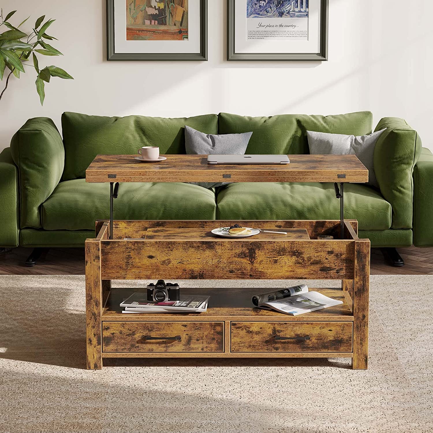 Multi-Function Convertible Coffee Table with Drawers And Hidden Compartment Dining Table